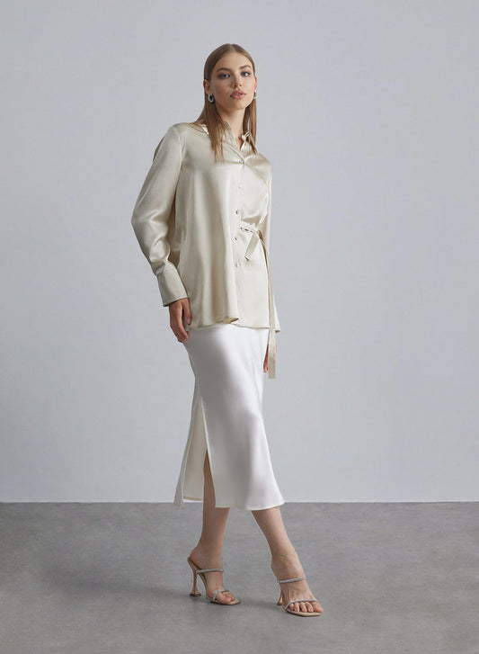 Wide Waistband Decorative Button Silk Skirt image 0