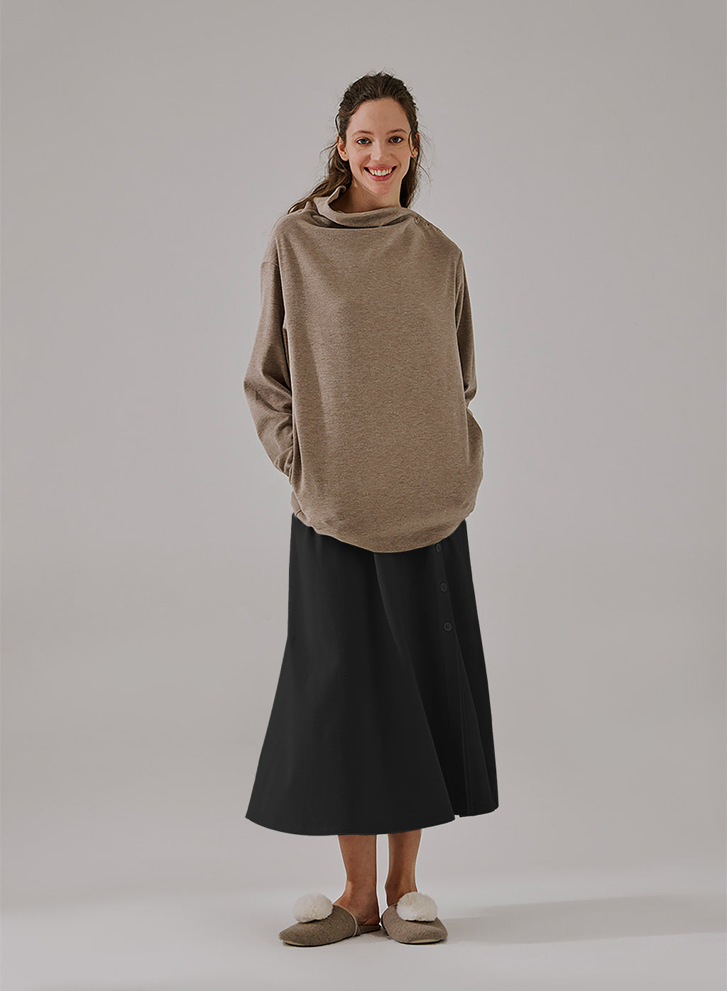 Button Front Slit Skirt - Black/Grey, S image