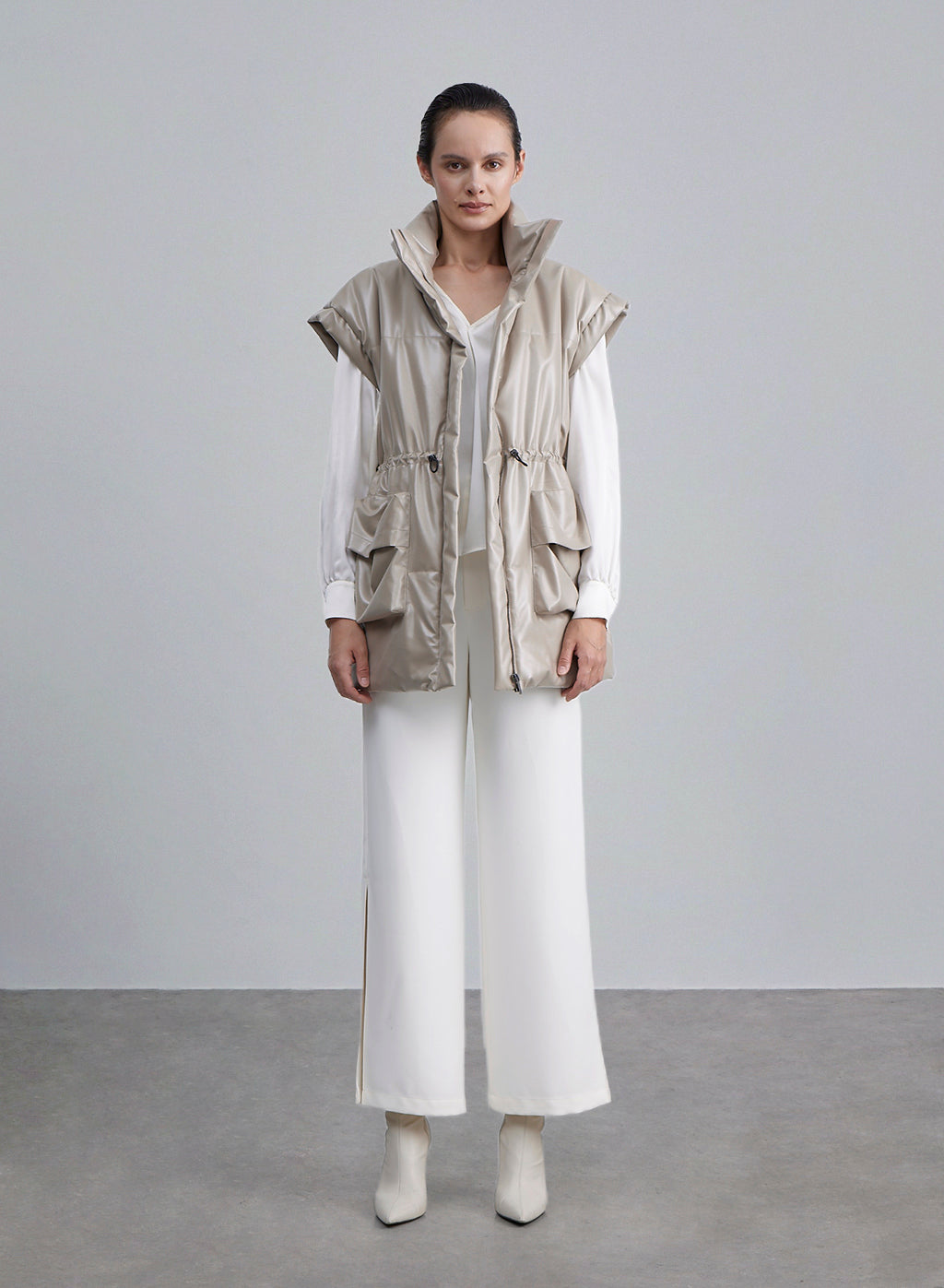 Flap Pocket Drawstring Padded Vest - Avocado, S image