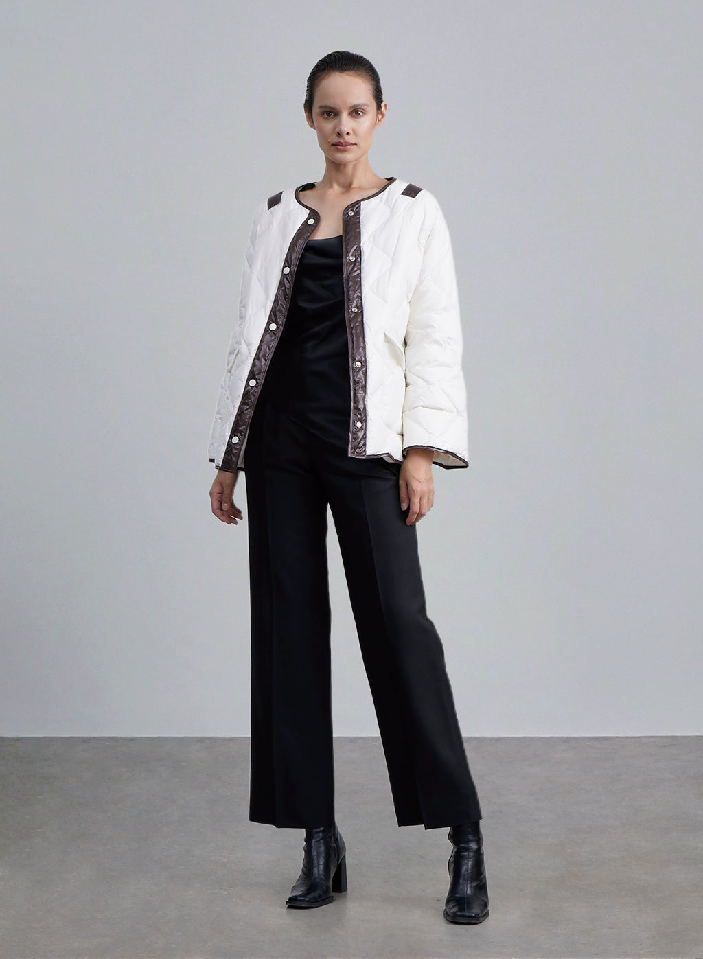 Contrast Trim Crewneck Down Jacket - Light brown&amp;Creamy white, S image