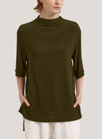 High-Neck Mid-Sleeve Yak-Wool Blend Sweater - Dark Olive, M image
