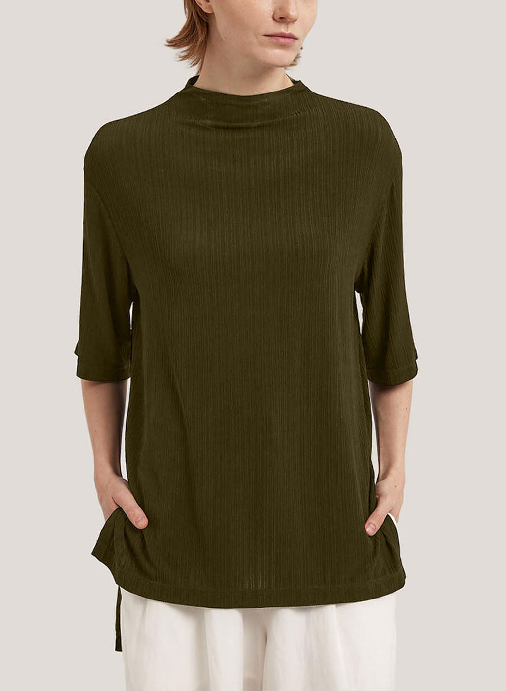 High-Neck Mid-Sleeve Yak-Wool Blend Sweater - Dark Olive, M image