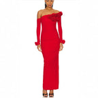 Three-dimensional Flower Slanted Shoulder Long Sleeved Dress image 3