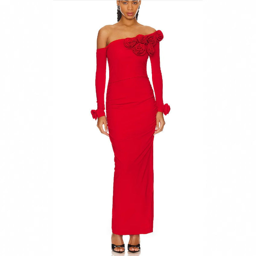 Three-dimensional Flower Slanted Shoulder Long Sleeved Dress image 3
