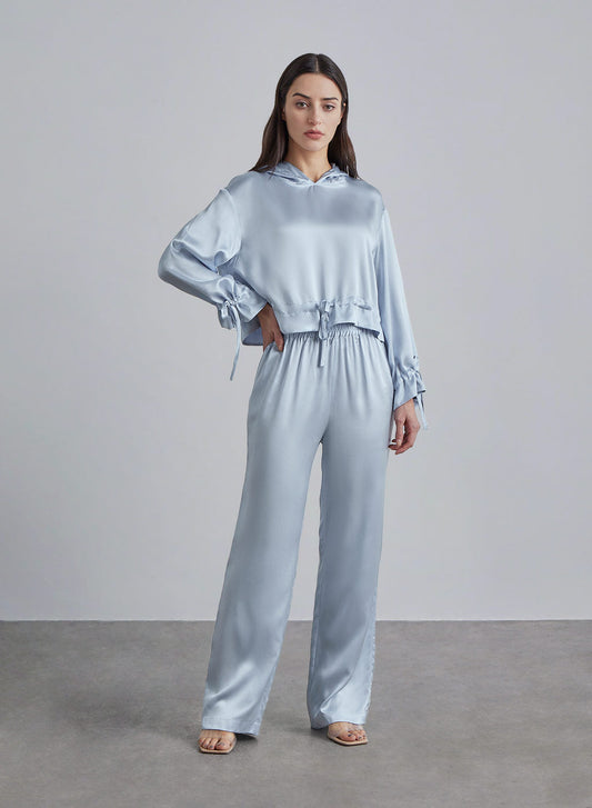 Hooded Drawstring Silk Pajama Set image 0