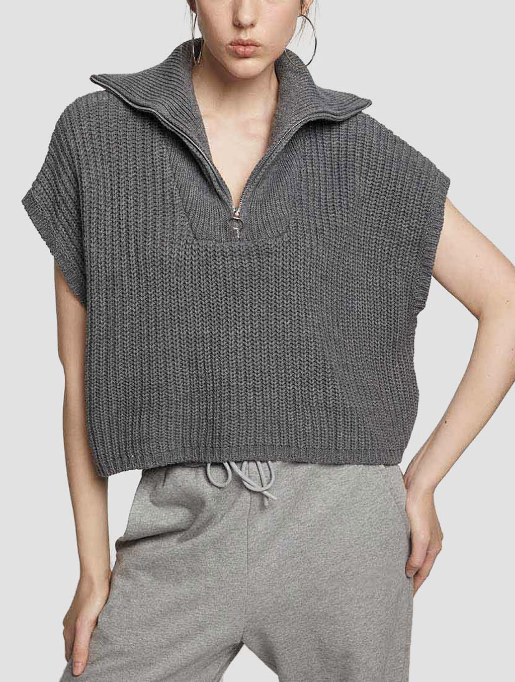 Half Batwing-sleeved Sweater - Dark Grey, L image