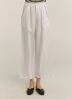 100% Linen Contrast Line Wide-Leg Pants - White, M image