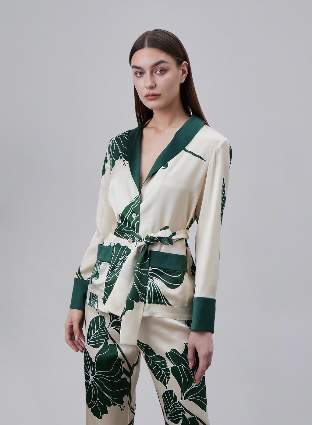 Printed Color Matching Silk Pajama Set image 2