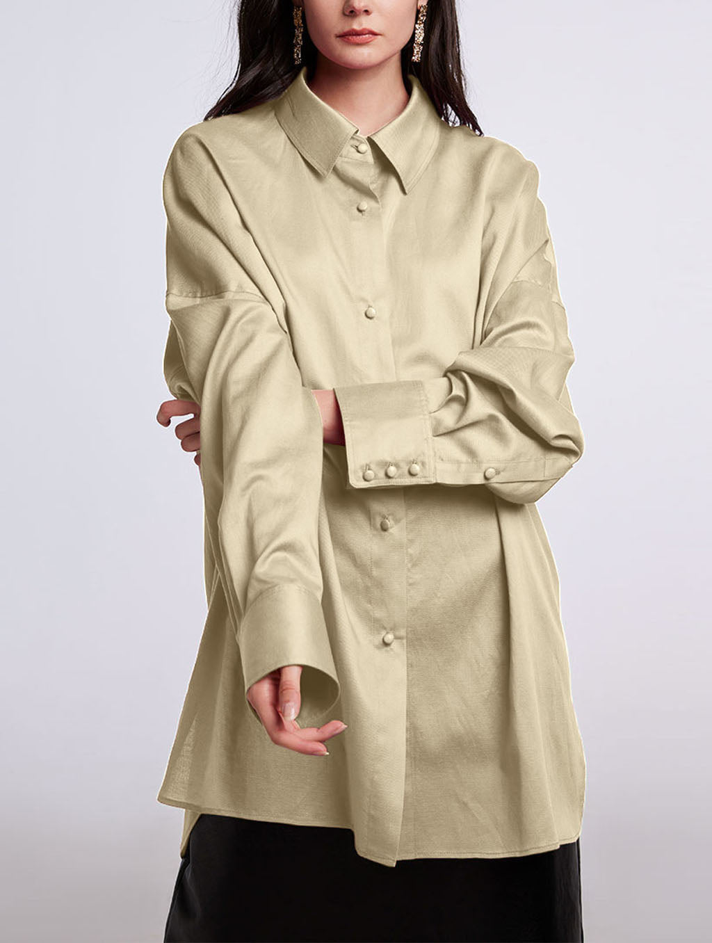 Draped Long-sleeves Shirt - Beige, L image