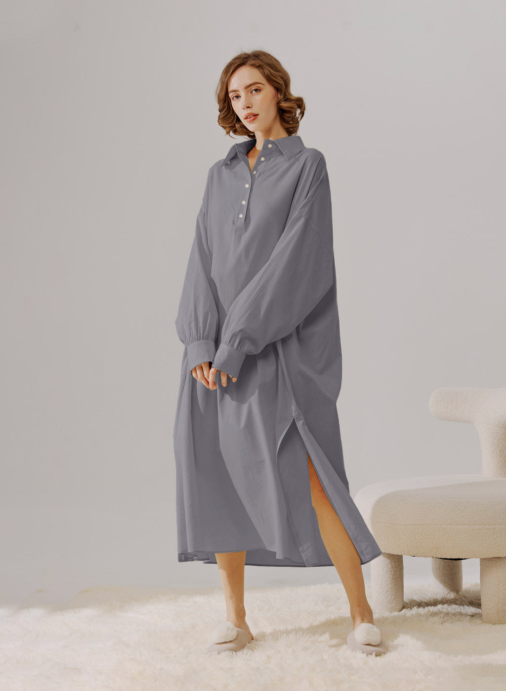 Cotton Shirt Midi Dress - Gray, L image