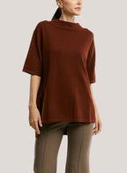High-Neck Mid-Sleeve Yak-Wool Blend Sweater - Saddle Brown, M image