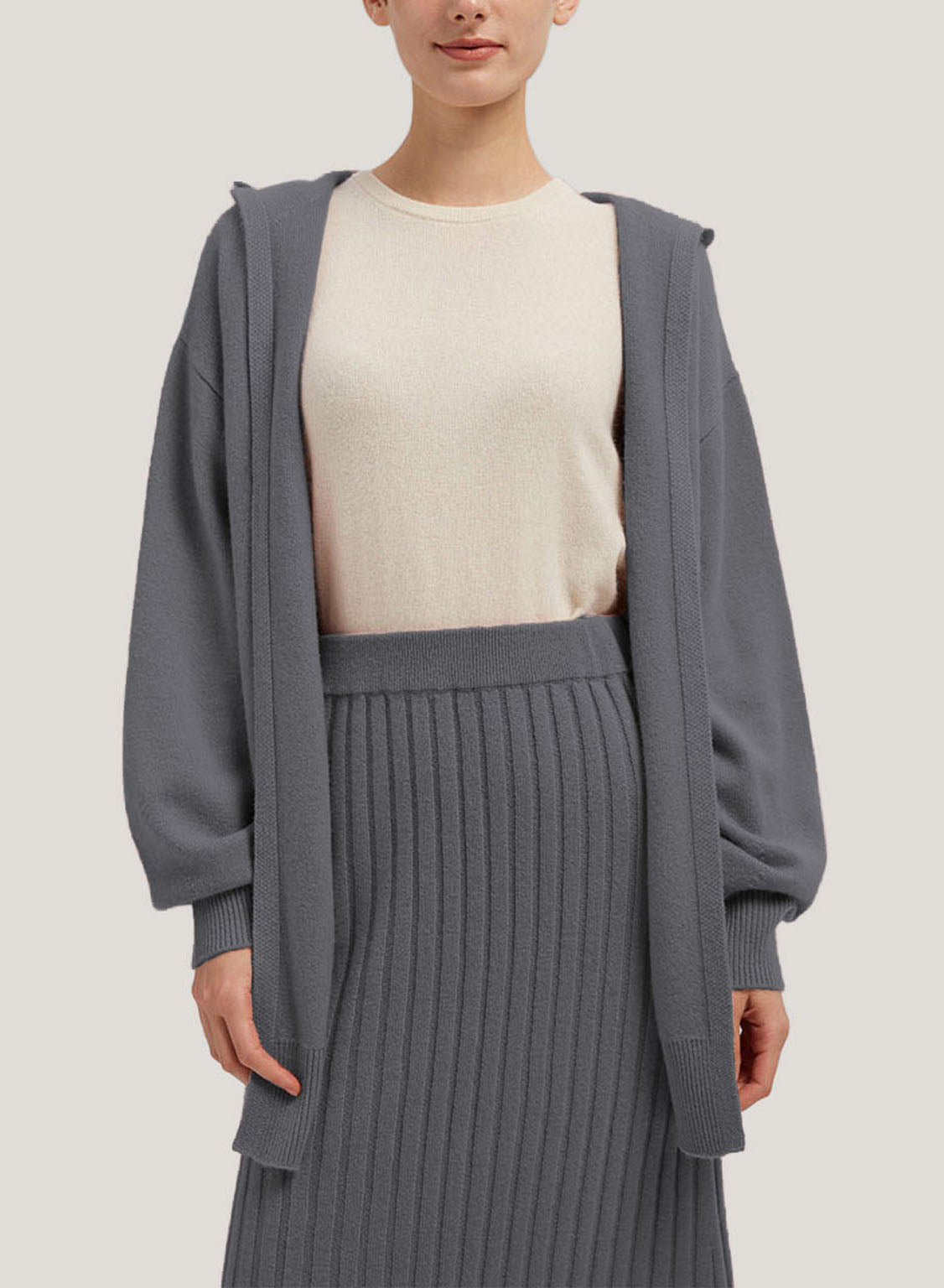 Wool-Cashmere Cardigan With Hooded - Smoke, M image
