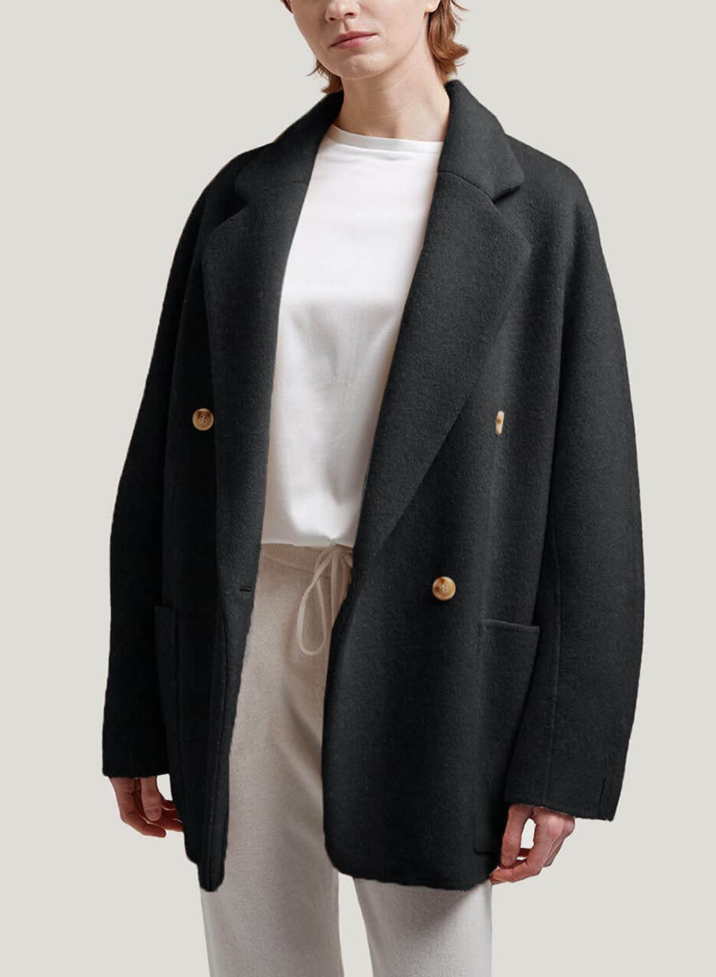 Peaked Lapel Wool Coat - Black, L image
