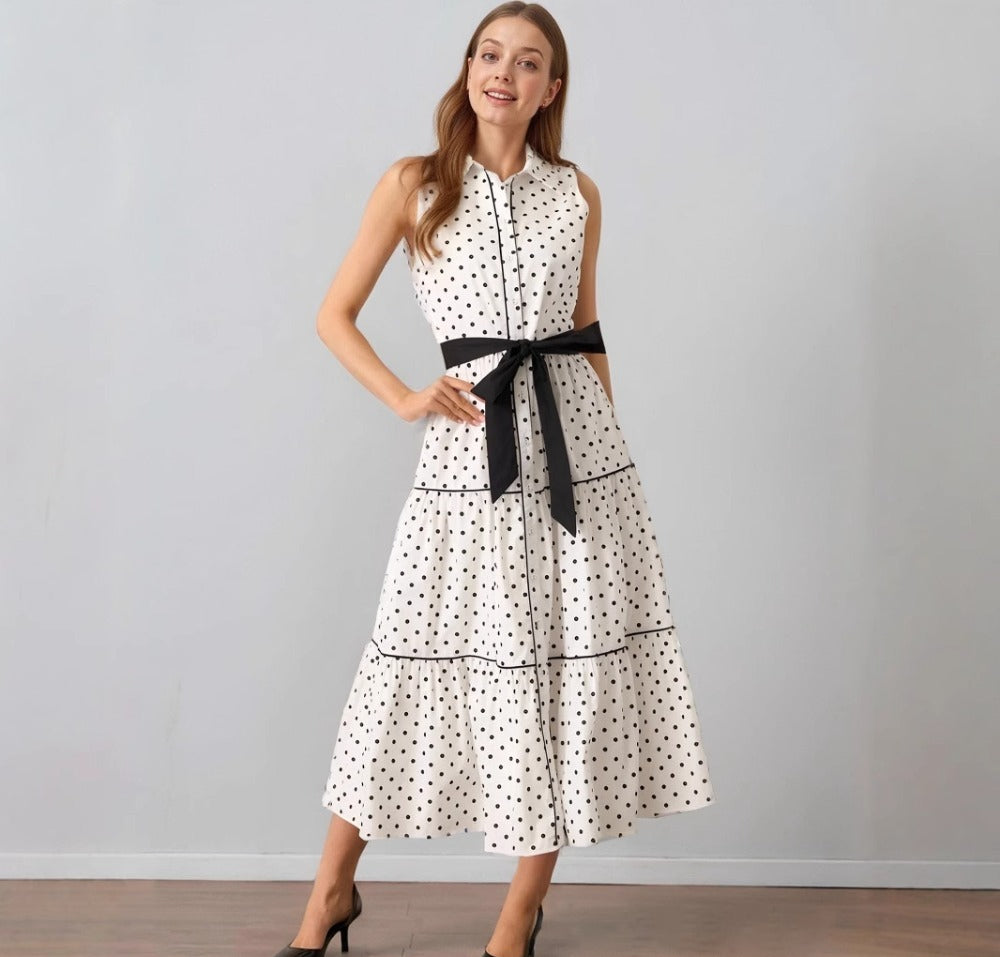 Sleeveless lapel polka dot dress