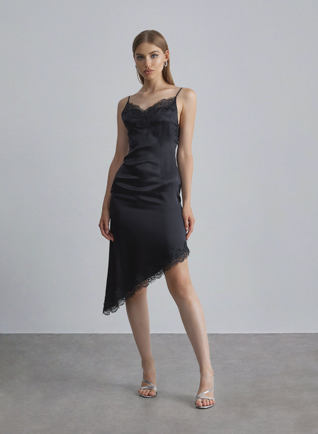 Lace Slant Hem Silk Dress - Midnight Black, S image