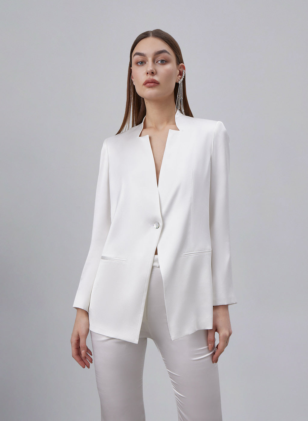 Collarless One-Button Satin Blazer - Pearl White, XS image