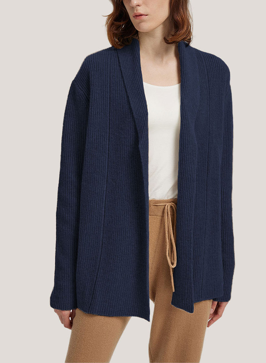 Wool-Cashmere Cardigan With Ribbed Shawl Collar - Navy, M image