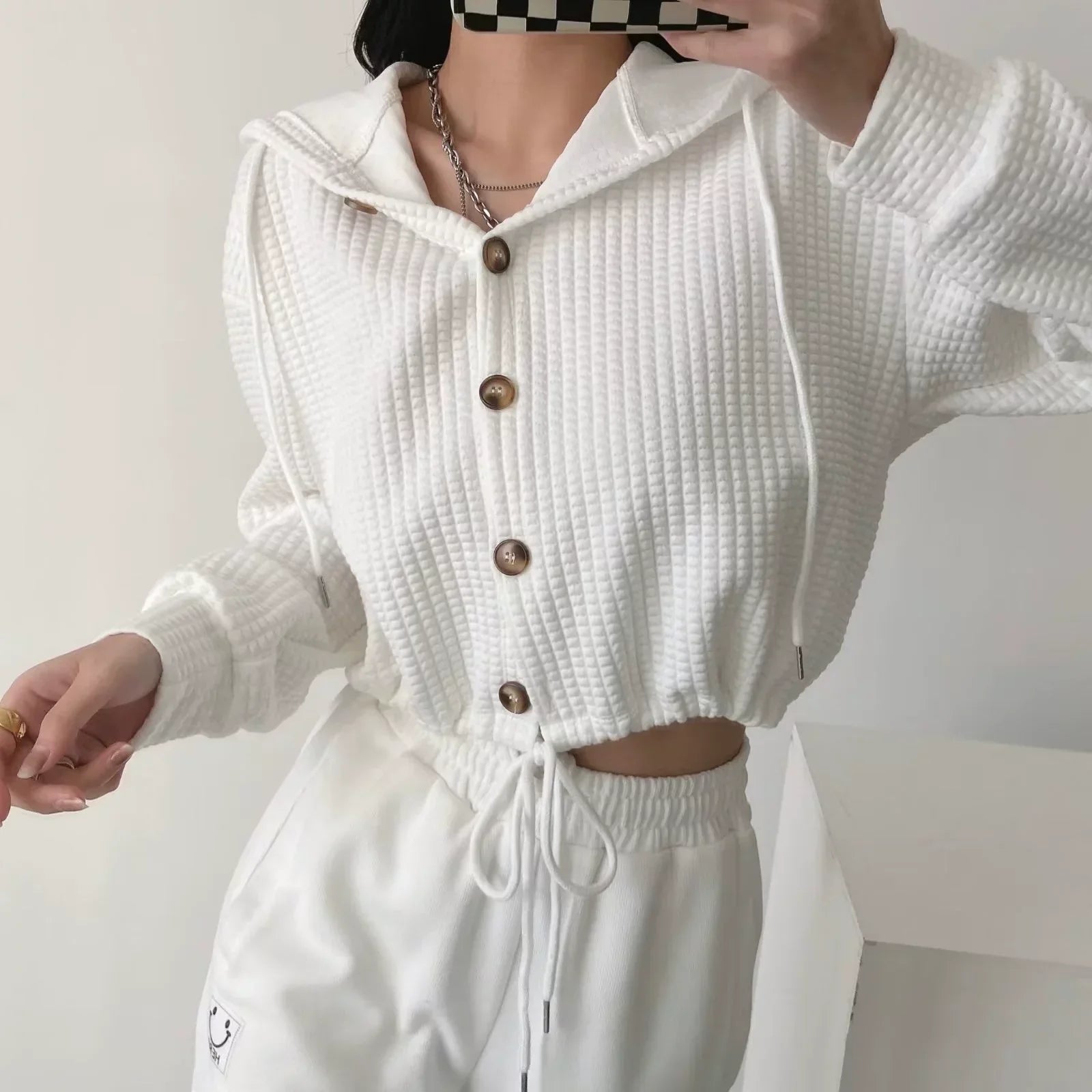 Solid Color Checkered Hoodie??Oversized Casual Pullover