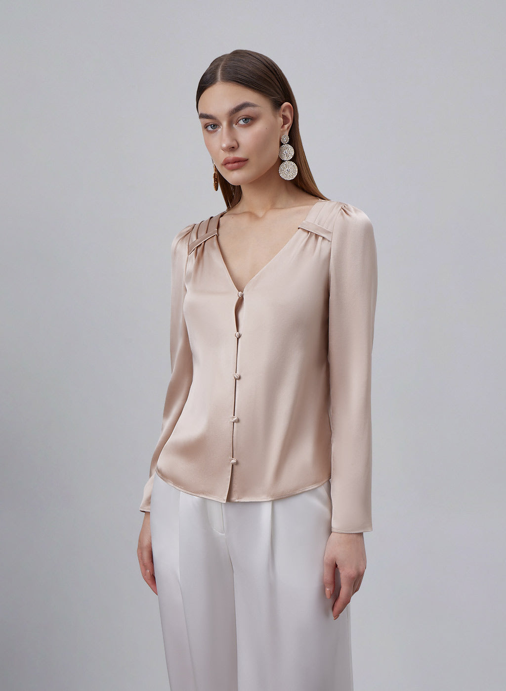 Button Front V-Neck Silk Blouse image 0
