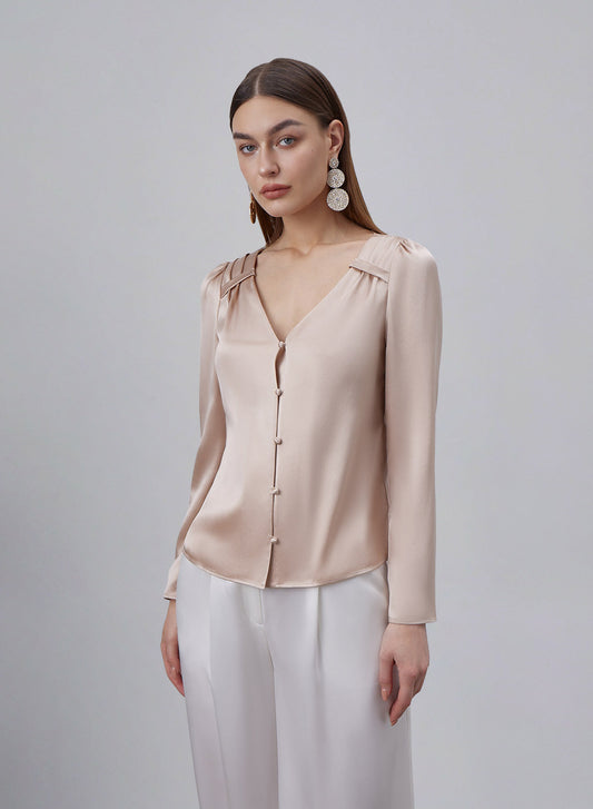 Button Front V-Neck Silk Blouse image 0