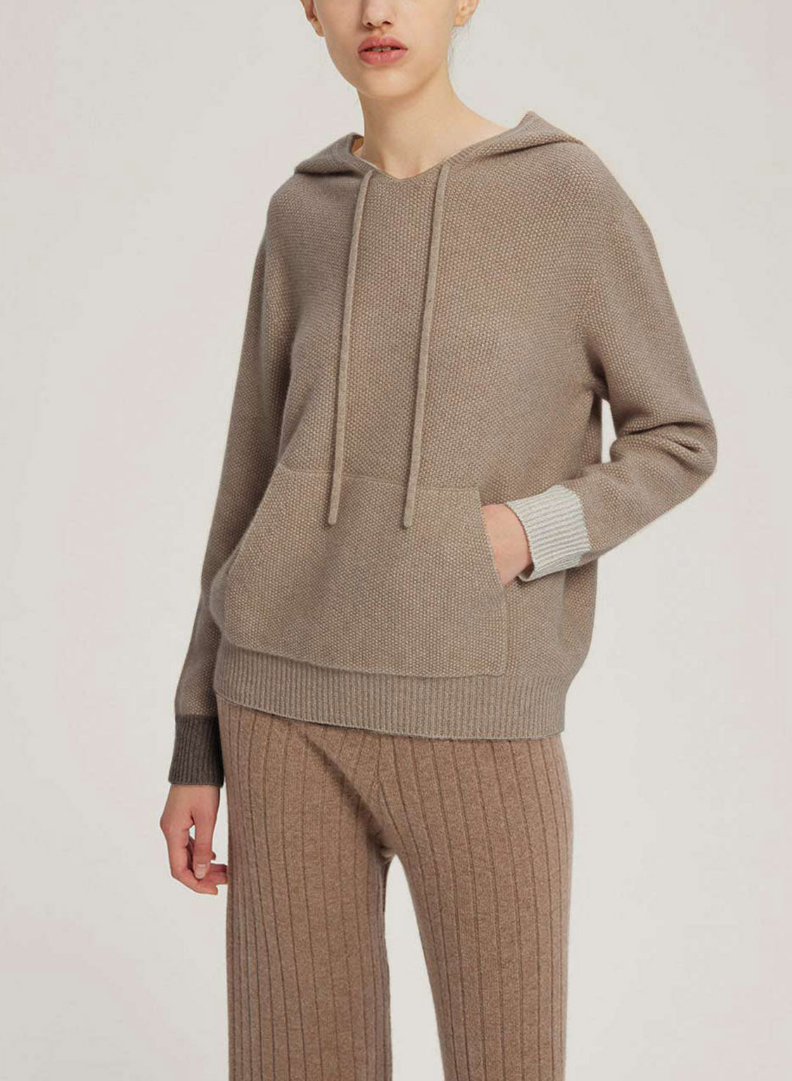 Drawstring Wool-Cashmere Knitted Hoodie - Pale Taupe, S image