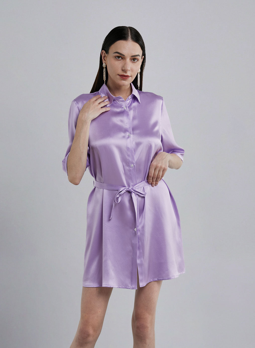 Half Sleeve Belted Silk Mini Dress image 0
