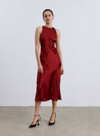 Side Drawstring Open Back Silk Dress - Burgundy, S image