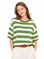 Crew neck striped short-sleeved knitted sweater