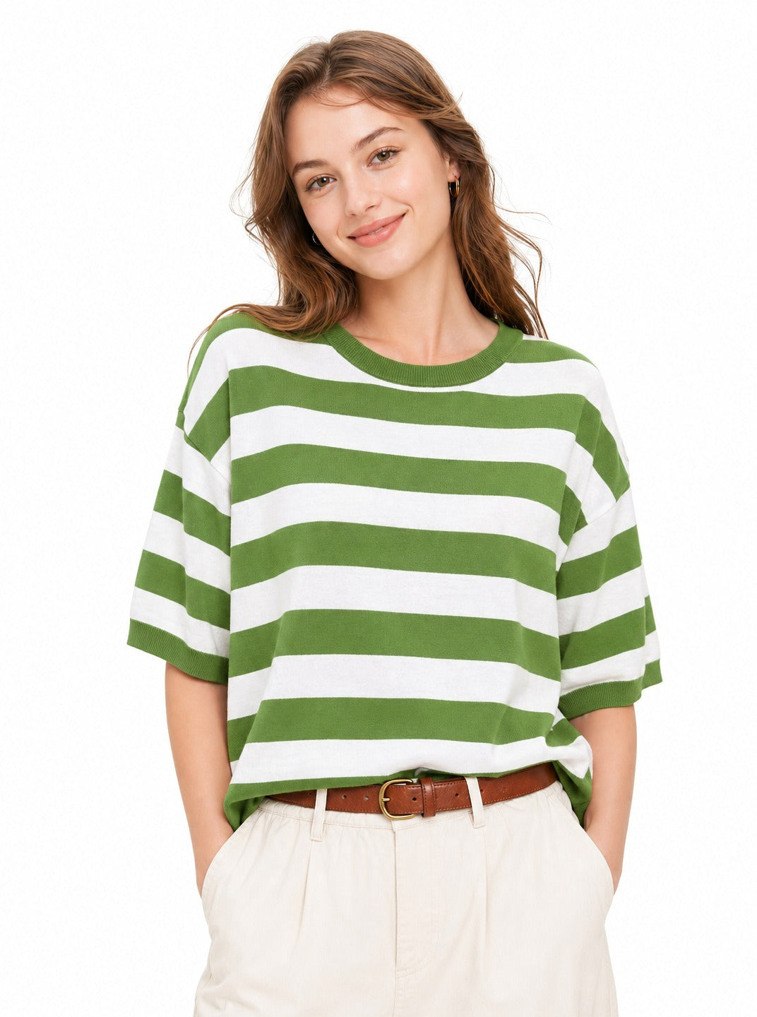Crew neck striped short-sleeved knitted sweater