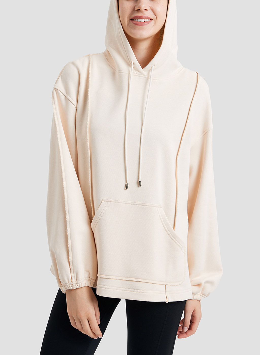 Large Sleeves Drawstring Hoodie - Cream, M image