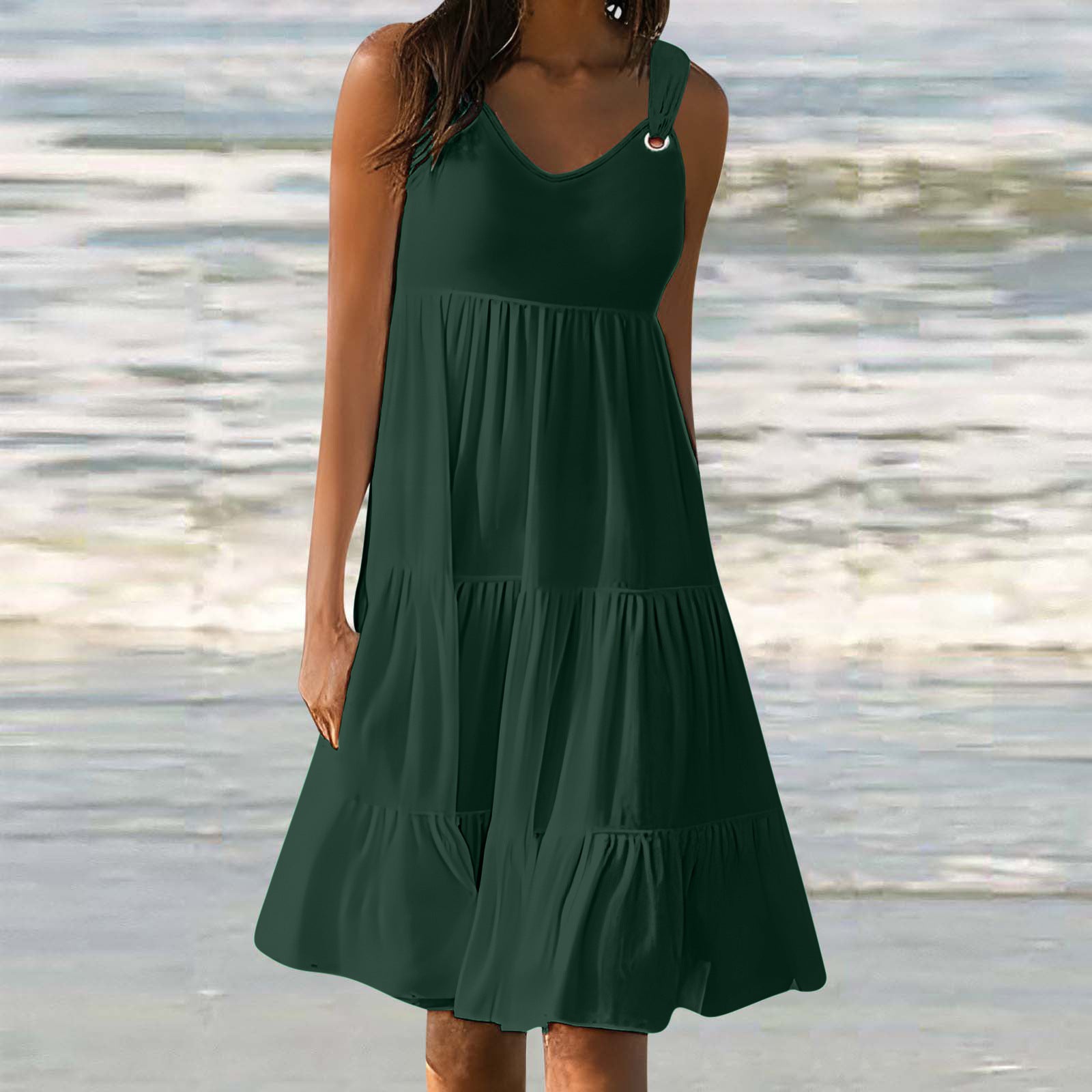 Casual Elegant Stitching Dress Women - Dark Green, S image