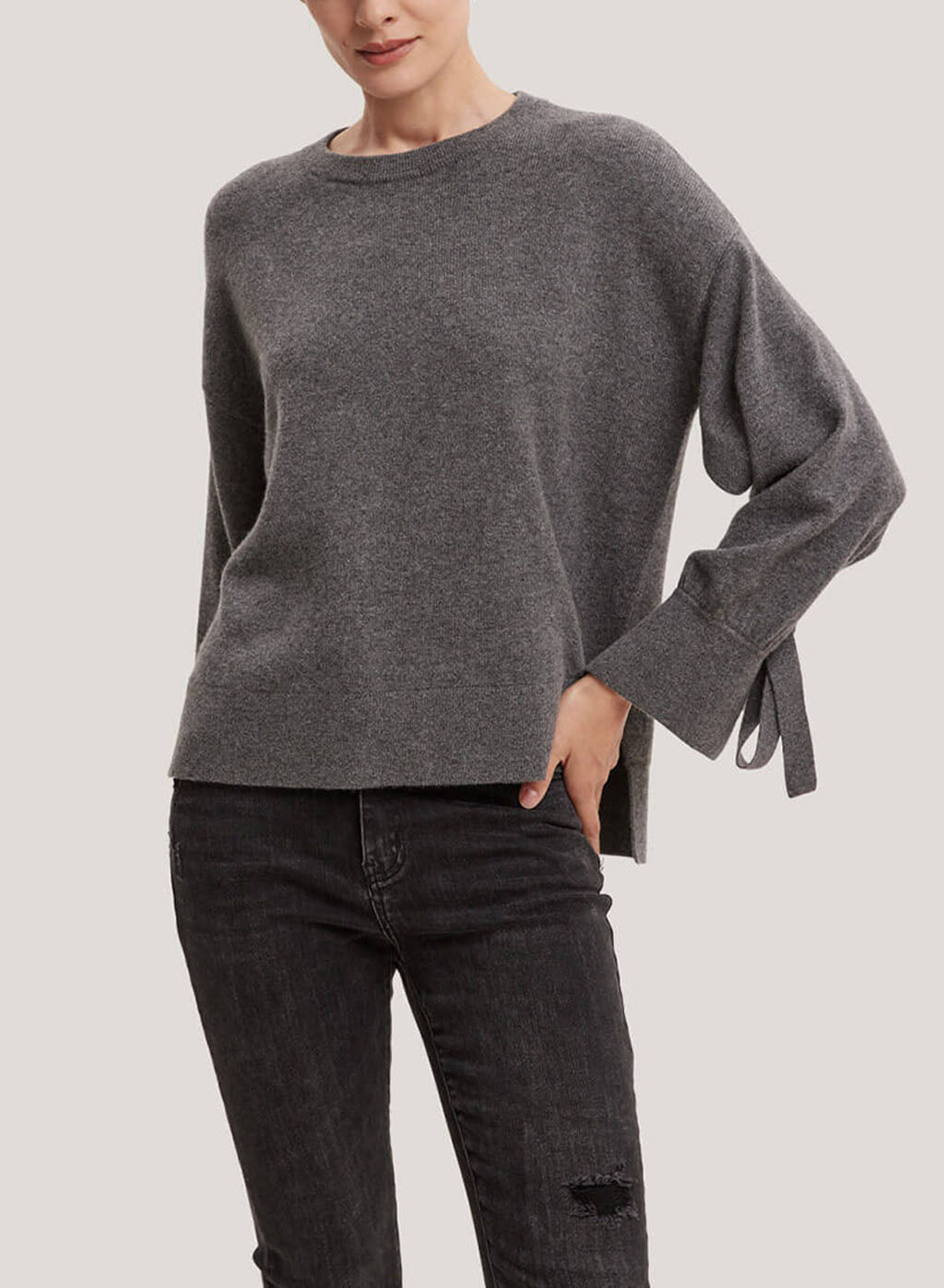 Tied Sleeves Pure Cashmere Sweater - Smoke, S image