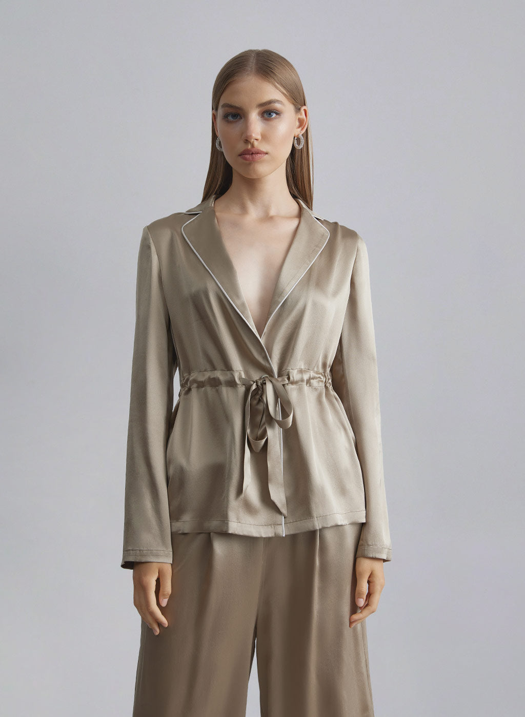 Posh Front Knot Silk Pajama Set - Champagne, S image