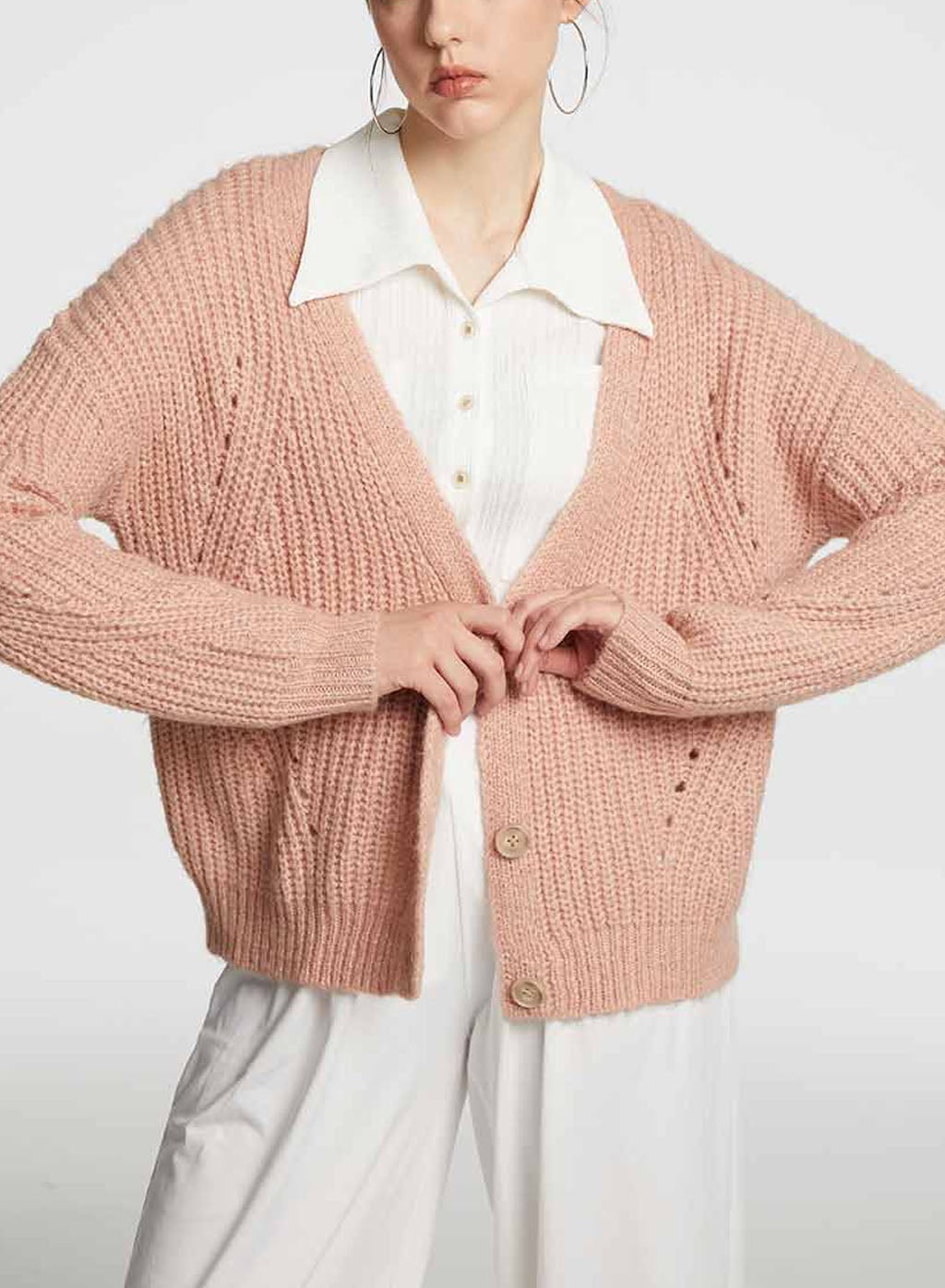 Deep V-neck Buttoned Cardigan - Pink, S image