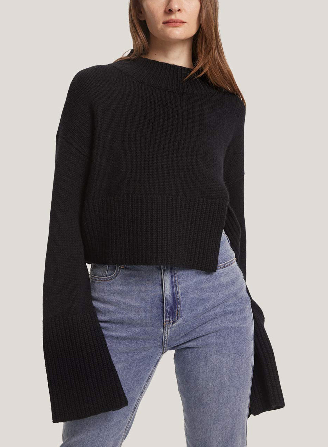 Cropped Wool-Cashmere Sweater With Slit Sleeves - Black, XL image
