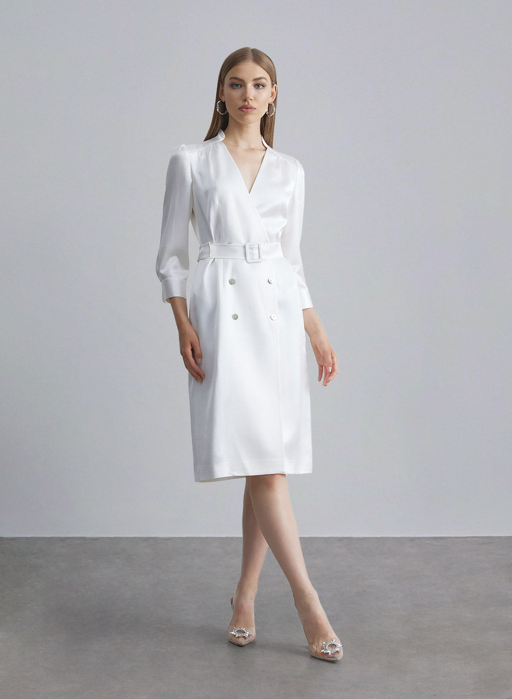 Half Sleeves Satin Suit Dress - Pearl White, S image