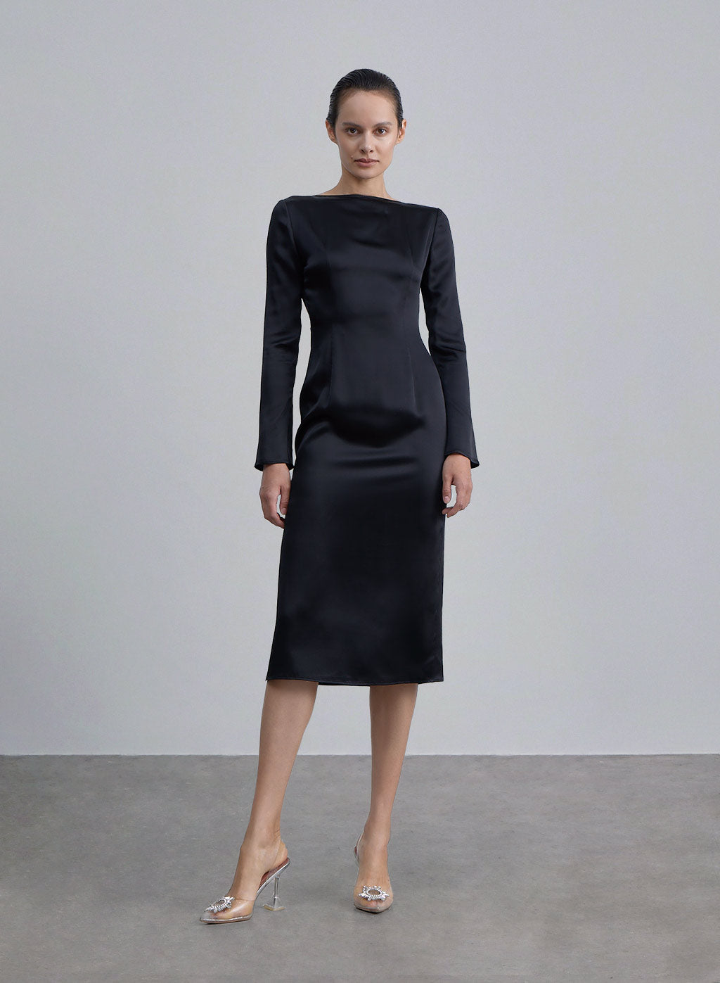 Button-Up Silk Fitted Dress - Midnight Black, S image