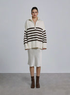 Striped Cotton Pullover Sweater - Brown &amp; White, S image