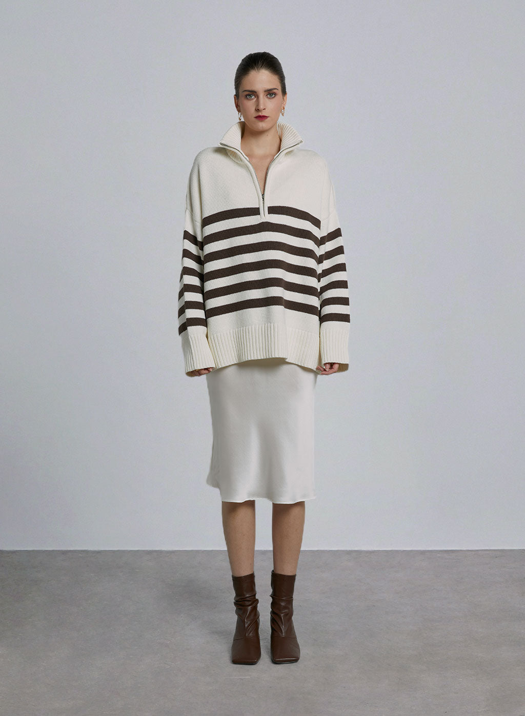 Striped Cotton Pullover Sweater - Brown &amp; White, S image