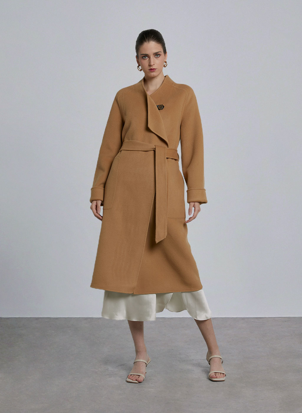 Merino Wool Designed Collar Long Coat - Light Camel, S image