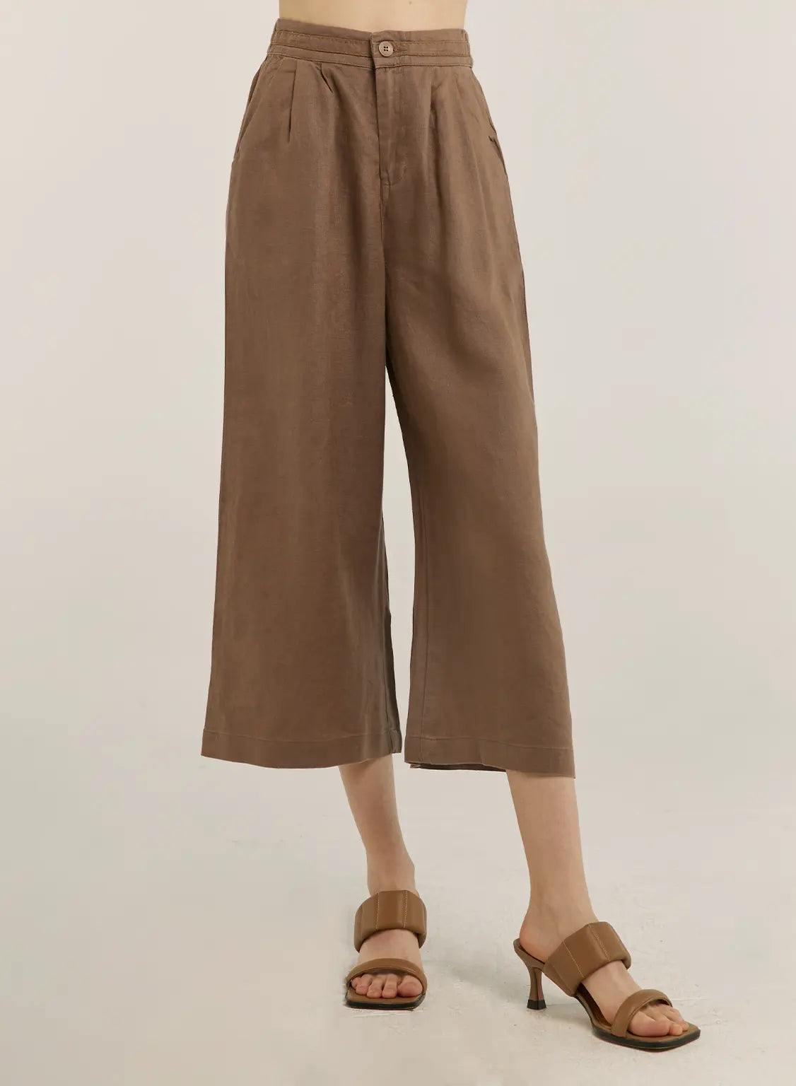 100% Linen Cropped Wide-Leg Pants - Dark Brown, XL image