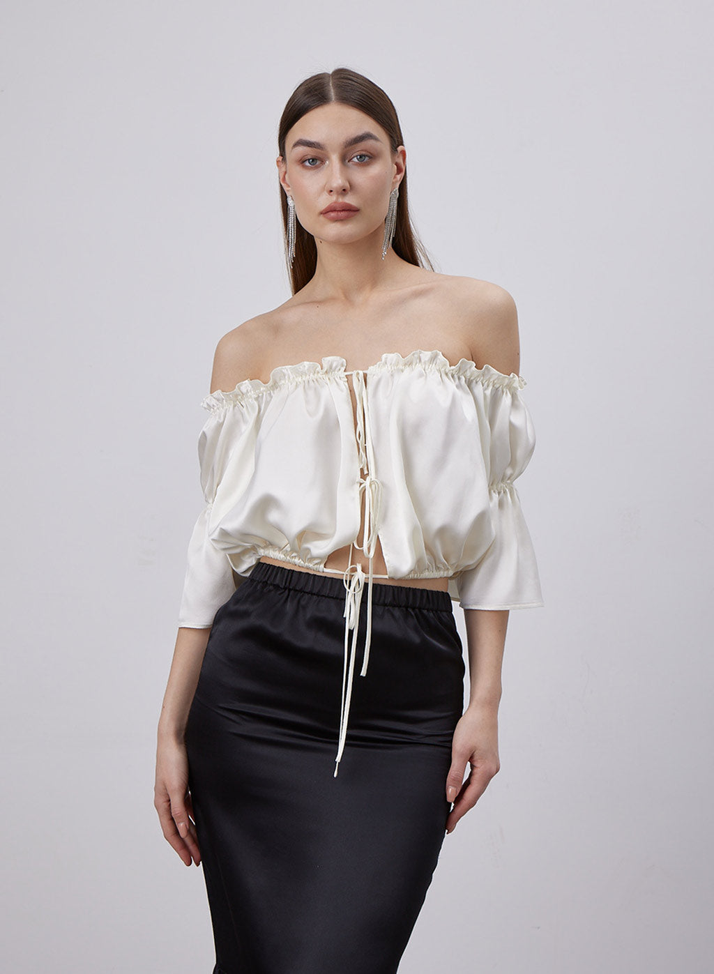 Off-the-Shoulder Ruffled Silk Top - Ivory, S image