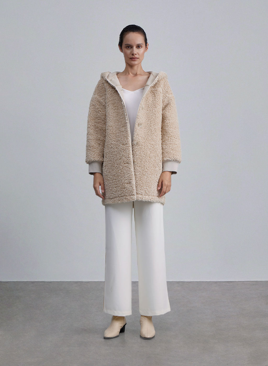 Buttoned Front Hooded Teddy Coat - Peanut, S image