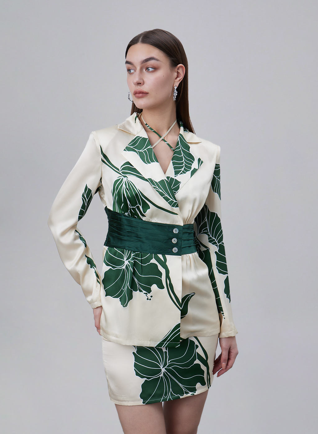 Printed Waist Cinched Silk Blazer image 1