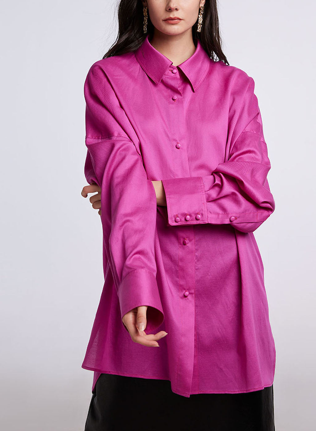 Draped Long-sleeves Shirt - DeepPink, M image