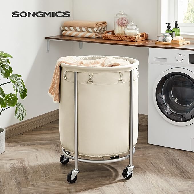 [SONGMICS HOME Laundry Basket with Wheels, Rolling Laundry Hamper, Round Laundry Cart with Steel Frame and Removable Bag, 4 Casters and 2 Brakes Organiser]