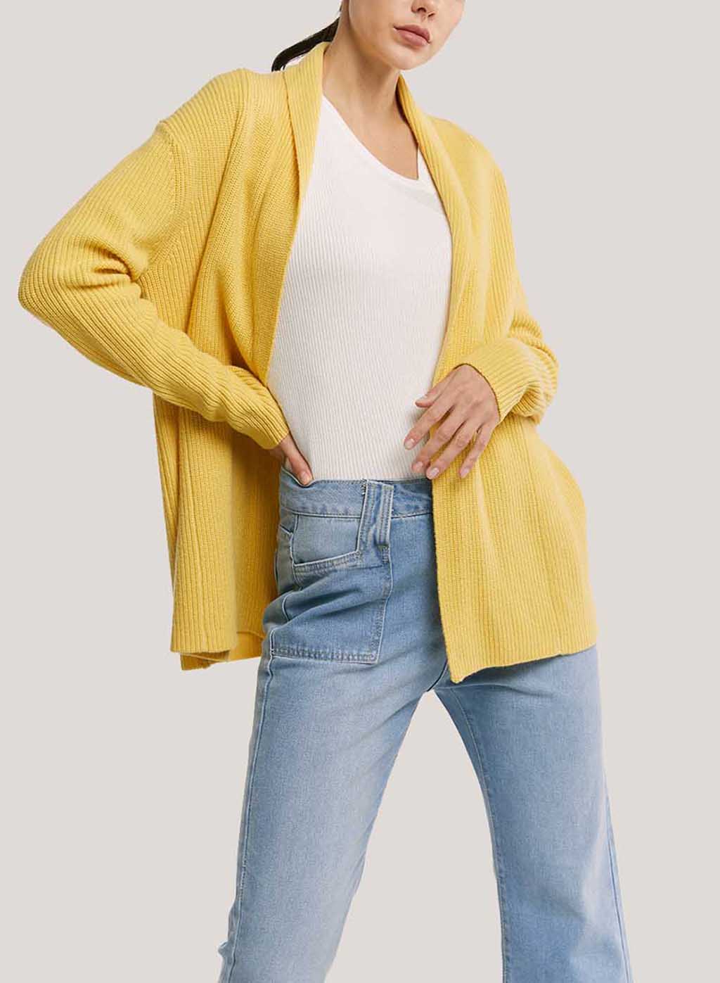 Wool-Cashmere Cardigan With Ribbed Shawl Collar - Yellow, S image