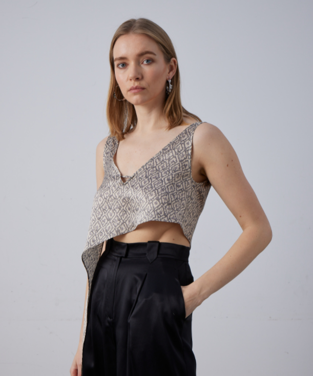 Geometric Print Asymmetrical-Hem Silk Tank Top