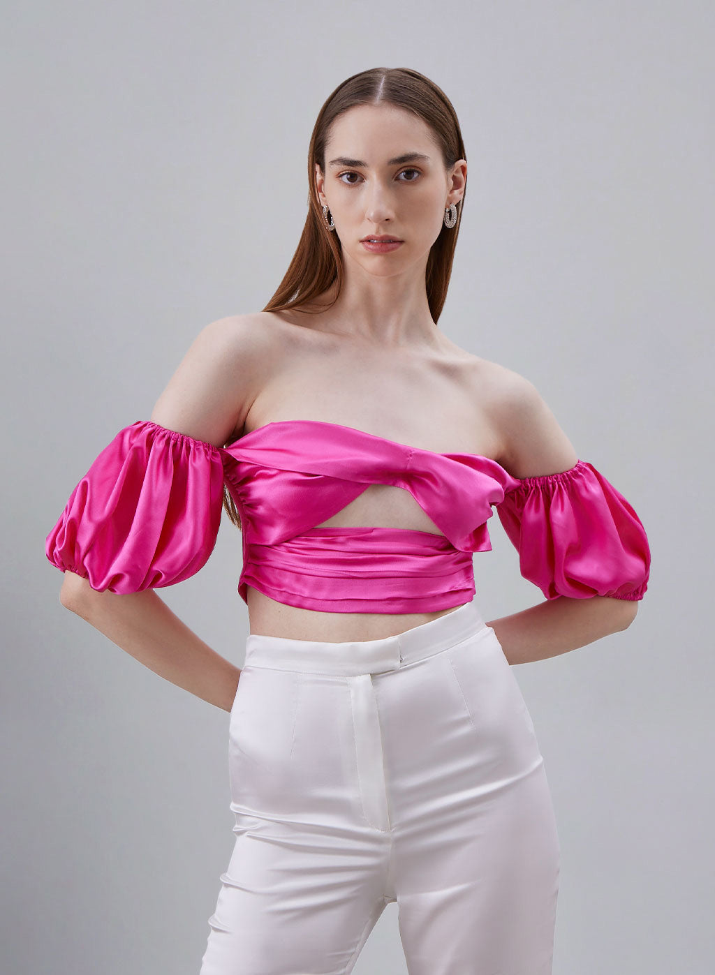 Off-the-Shoulder Puff Sleeve Silk Crop Top image 0