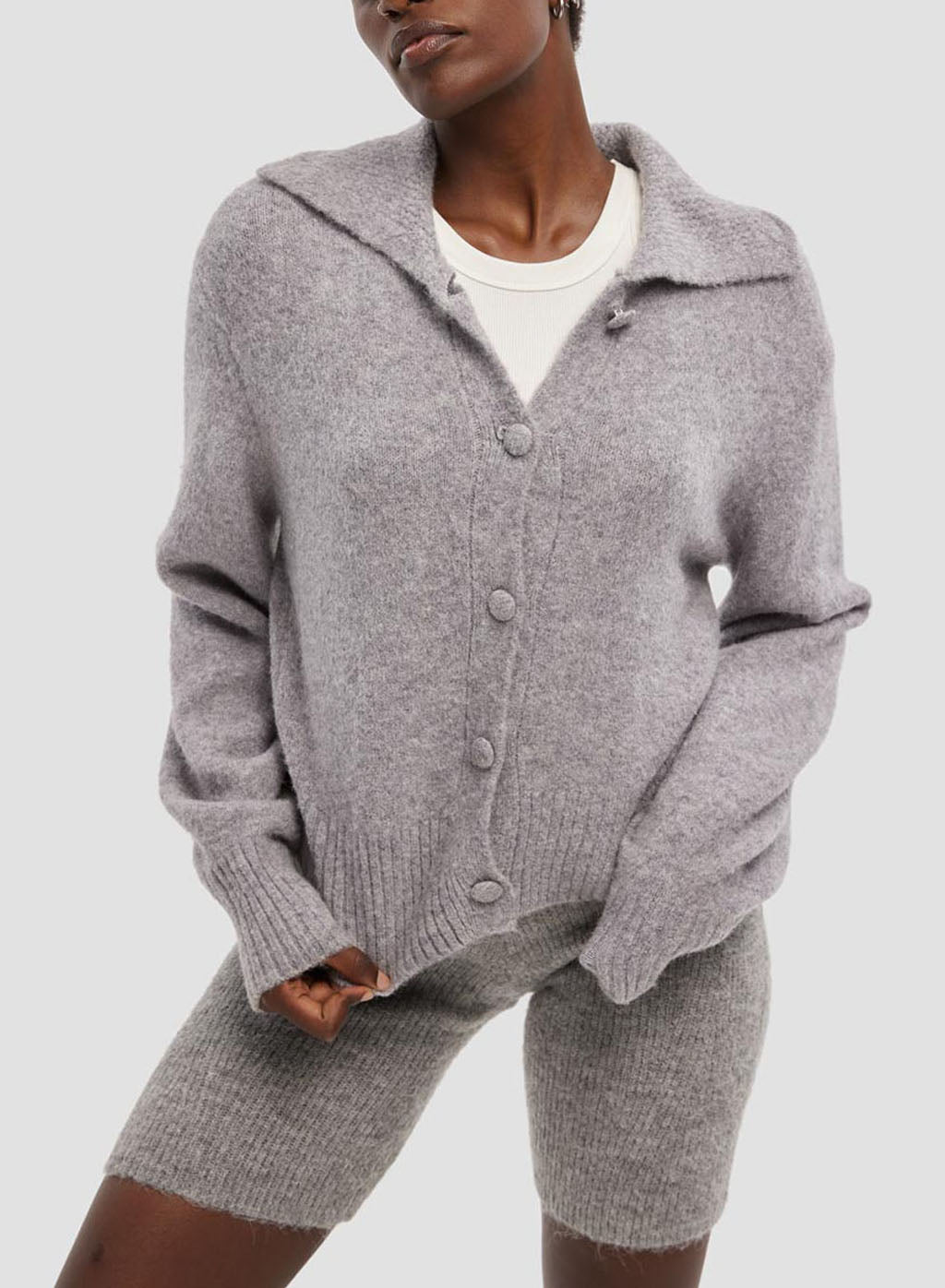 Curly Collar Cardigan - Grey, L image